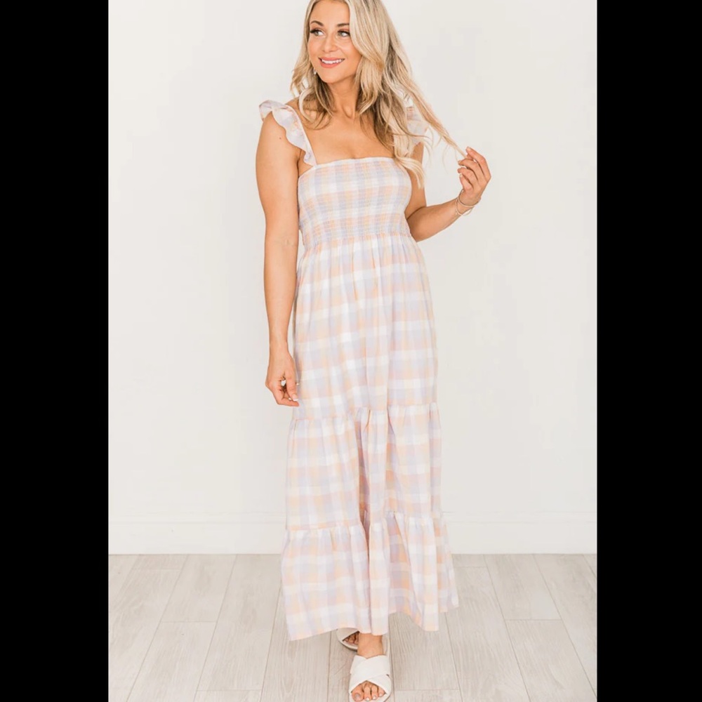 Pink Lily Singing Solo Multi Plaid Smocked Bust Midi Maxi Dress New